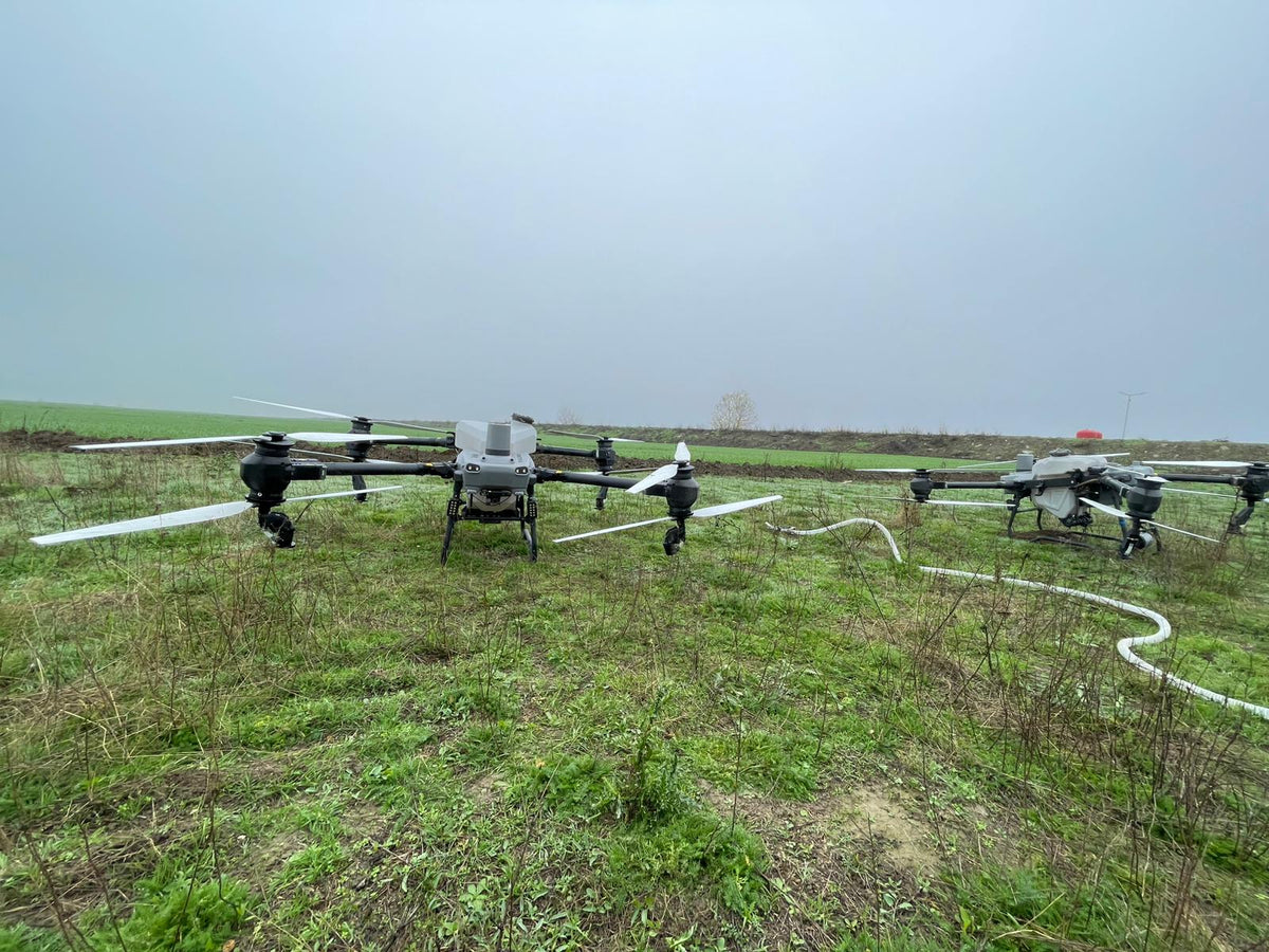 Drone agricole DJI Agras pe teren, în timpul unei lucrări Riagro